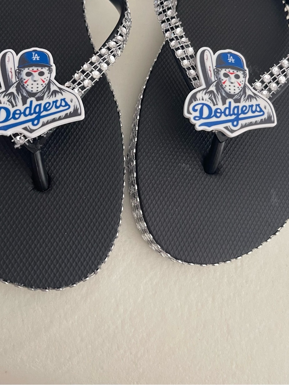 LA Dodgers Rhinestone Flip Flops - Black + Silver